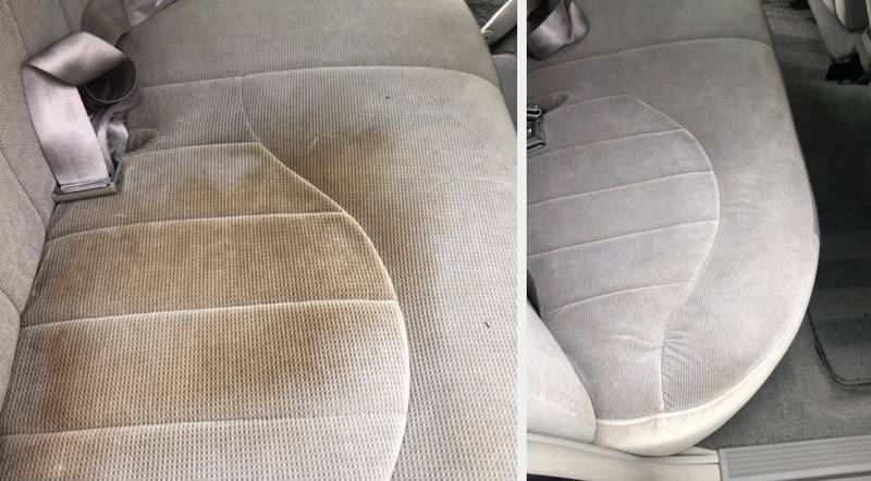Mobile car detailing in Charlotte, NC: Gray cloth back seat with a large brown stain before, stain gone after upholstery cleaning